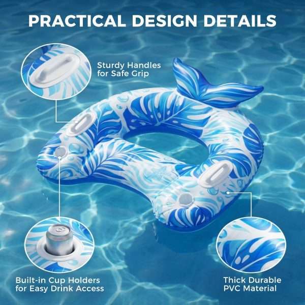 Practical features of inflatable pool float chairs, sturdy handles, built-in cup holders and thick PVC material