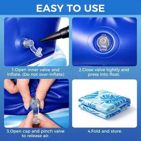 Step-by-step inflate deflate guide for inflatable pool float chairs, foldable compact storage design