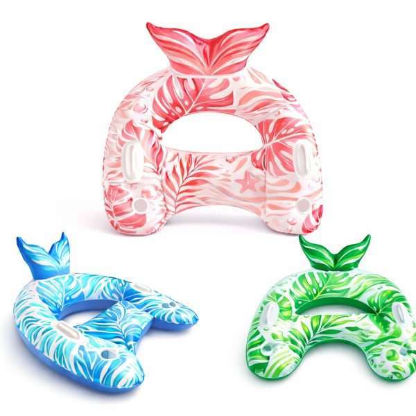 3 pack inflatable pool float chairs in pink, blue and green tropical leaf print adult water lounge floats