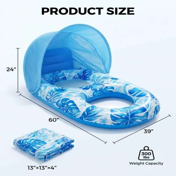 Size chart of 60in Adult Pool Float with Canopy, lightweight foldable inflatable pool raft 300lbs weight capacity
