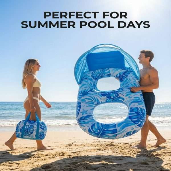 Couple carrying Adult Pool Float with Canopy tropical leaf inflatable lounger to seaside beach summer vacation