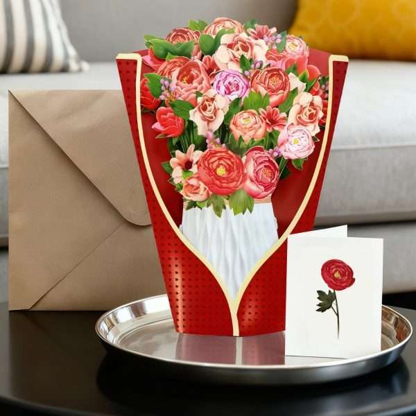 3D Peony Pop-Up Mother's Day Card as elegant permanent table decor beside calendar and gift box