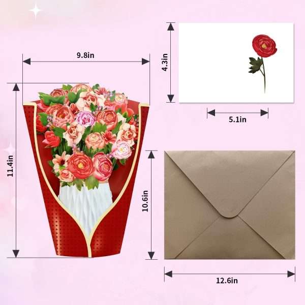 Size measurement chart of 3D Peony Pop-Up Mother's Day Card, matching note card and mailing envelope dimensions