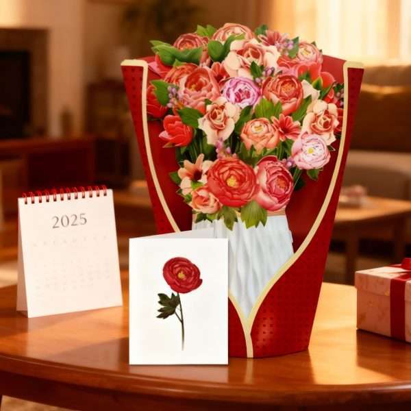 3D Peony Pop-Up Mother's Day Card complete set with kraft envelope and blank floral note card on table