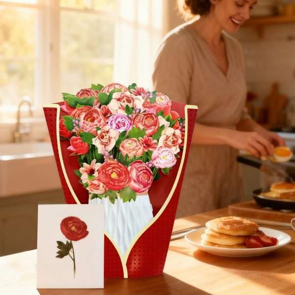 3D Peony Pop-Up Mother's Day Card placed on breakfast table as sweet surprise gift for mom