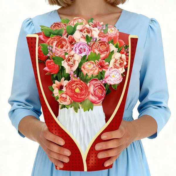 Lifelike multi-layer 3D peony bouquet pop-up Mother's Day greeting card held in hands for holiday gifting