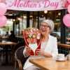 Elderly woman receiving 3D Peony Pop-Up Mother's Day Card at Mother's Day café celebration