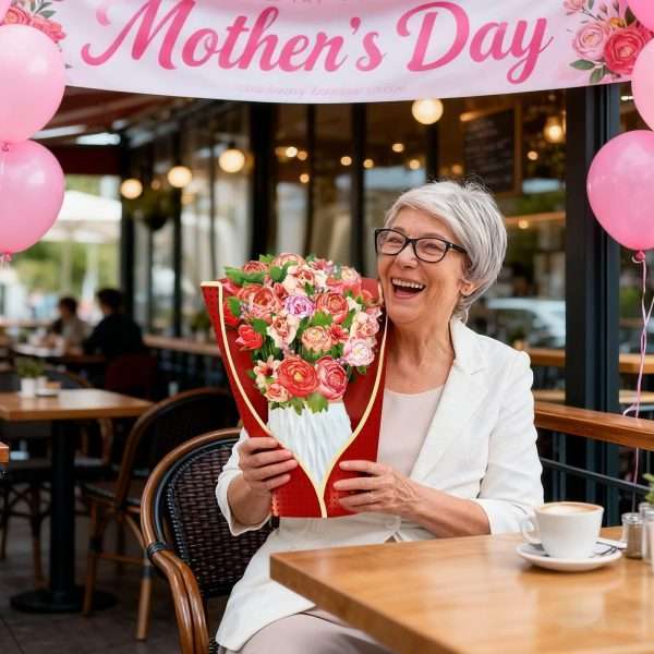 Elderly woman receiving 3D Peony Pop-Up Mother's Day Card at Mother's Day café celebration