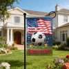 USA Soccer Garden Flag hung on yard flagpole outside residential house for outdoor soccer party decoration