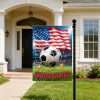 USA Soccer Garden Flag displayed on front porch lawn for USA football fan home outdoor decor