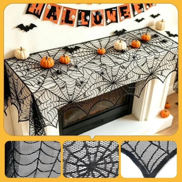 Black spider web fireplace mantel scarf with pumpkins and bats for Halloween home decor