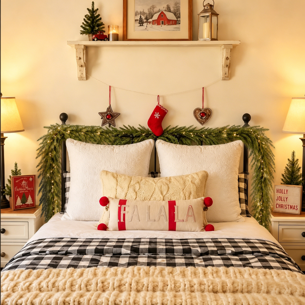 Christmas pine garland decorated along bedroom headboard for cozy holiday home decor