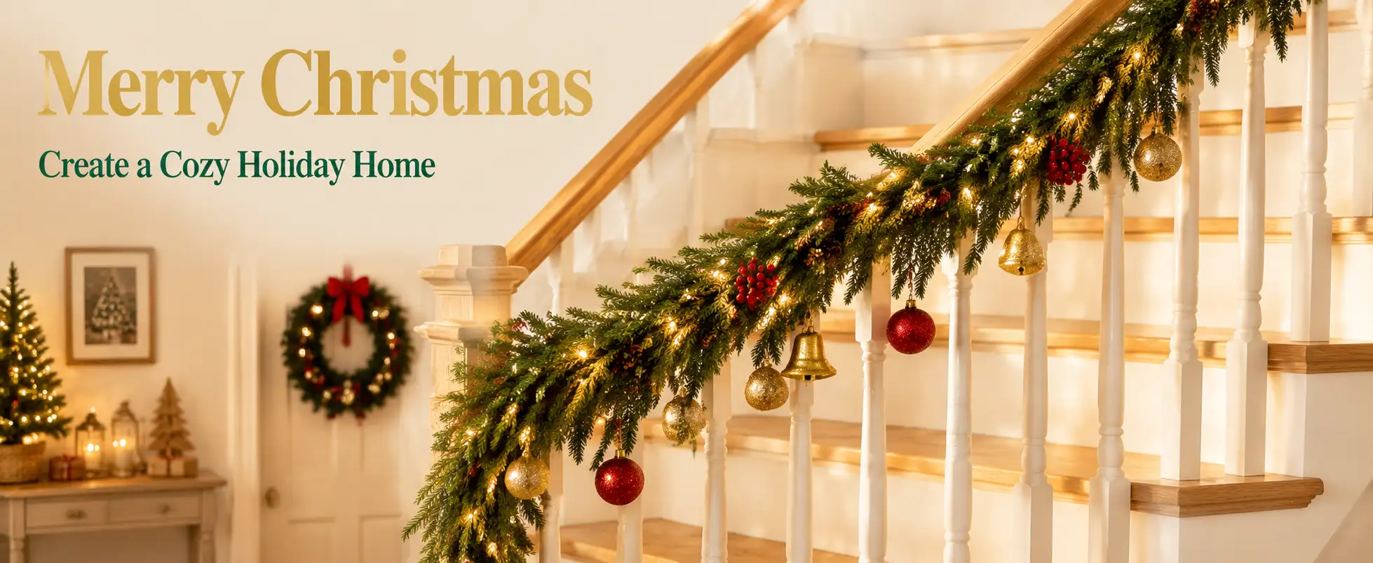 Norfolk pine garland used on mantel table doorway and fence railing Christmas decor ideas
