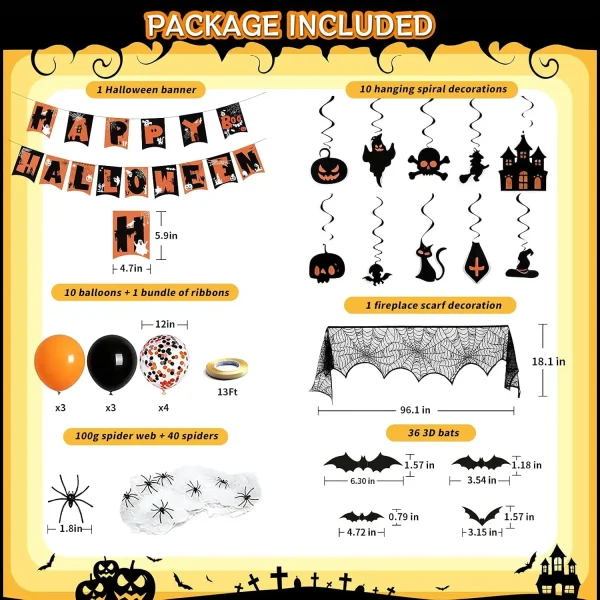 Halloween decorations set package contents size chart banner swirls balloons mantel scarf web bats