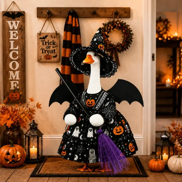 Halloween goose witch costume in indoor entryway with welcome sign lanterns and pumpkins