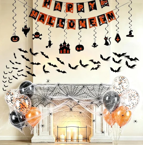 alloween party fireplace decor with spider web scarf hanging swirls bats and balloon bouquets