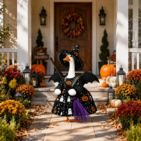 Porch goose in Halloween witch outfit on front walkway with pumpkins and fall flowers