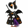 Halloween witch outfit on 23-inch porch goose with pumpkin ghost dress hat bat wings and purple broom