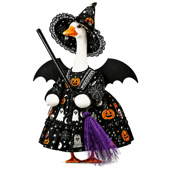 Halloween witch outfit on 23-inch porch goose with pumpkin ghost dress hat bat wings and purple broom