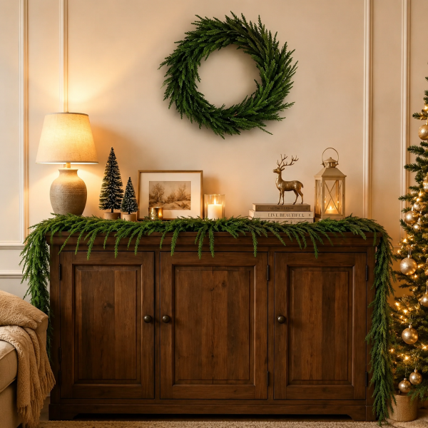 Norfolk pine Christmas garland on wood console table with matching green wreath wall decor