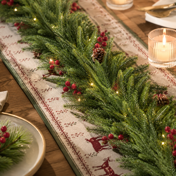 Norfolk pine garland table centerpiece greenery on holiday dining table runner