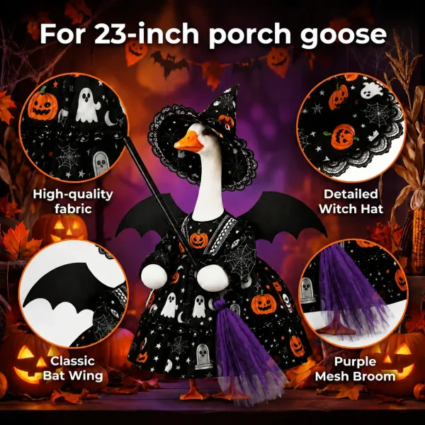 23-inch porch goose witch costume feature details fabric hat bat wings and purple mesh broom
