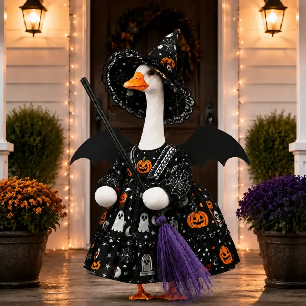 23-inch porch goose wearing witch dress and broom on lit front porch at night