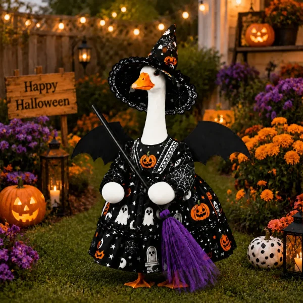 Witch porch goose outfit displayed in backyard garden with Happy Halloween sign and lights