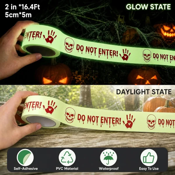 Glow state versus daylight state of the 2 in x 16.4 ft Halloween caution tape, with self-adhesive and waterproof icons