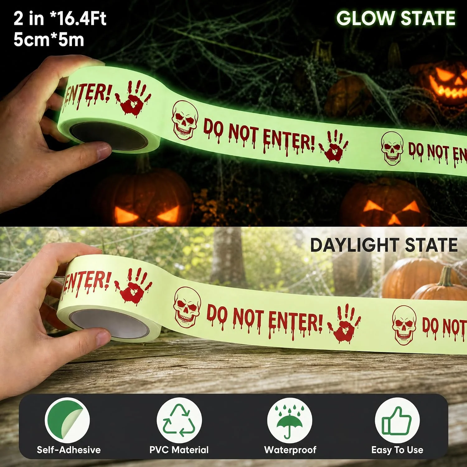 Glow state versus daylight state of the 2 in x 16.4 ft Halloween caution tape, with self-adhesive and waterproof icons