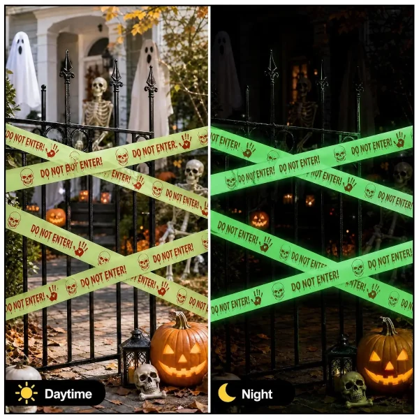 Daytime and night view of glow Halloween caution tape crossed over an iron gate with pumpkins, skeleton and ghosts
