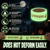 Feature callouts for the glow Halloween tape – durable film, waterproof, glow in the dark, smooth surface, does not deform easily