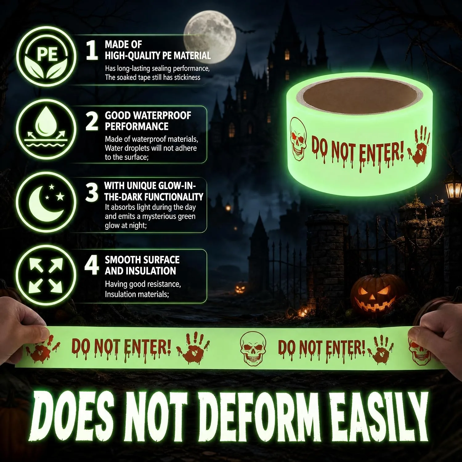 Feature callouts for the glow Halloween tape – durable film, waterproof, glow in the dark, smooth surface, does not deform easily