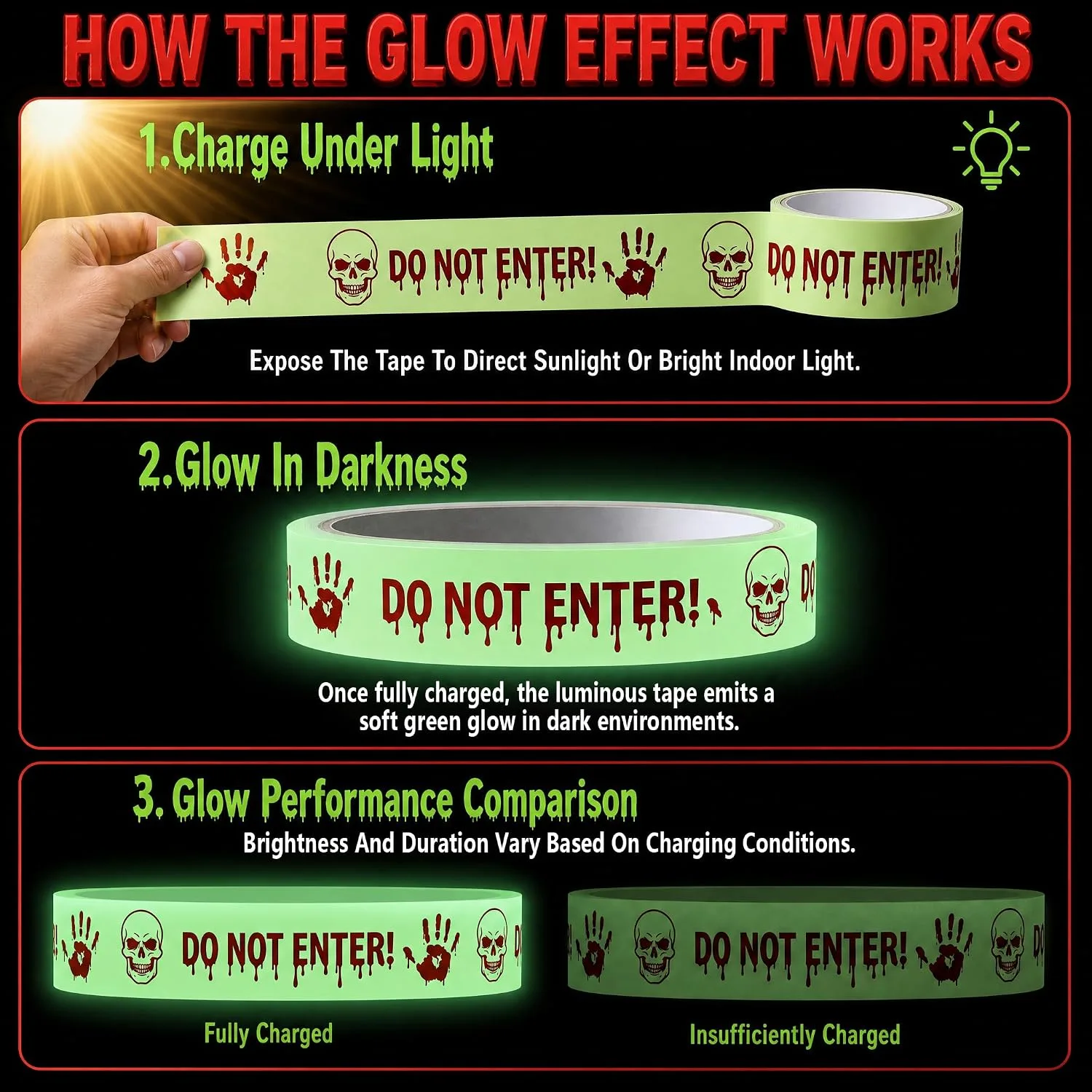 How the glow effect works – charge the tape under light, it glows in the dark, brightness depends on charging