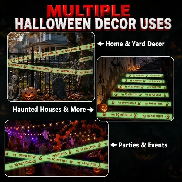 Multiple Halloween decor uses for glow caution tape – home and yard, haunted house stairs, parties and events