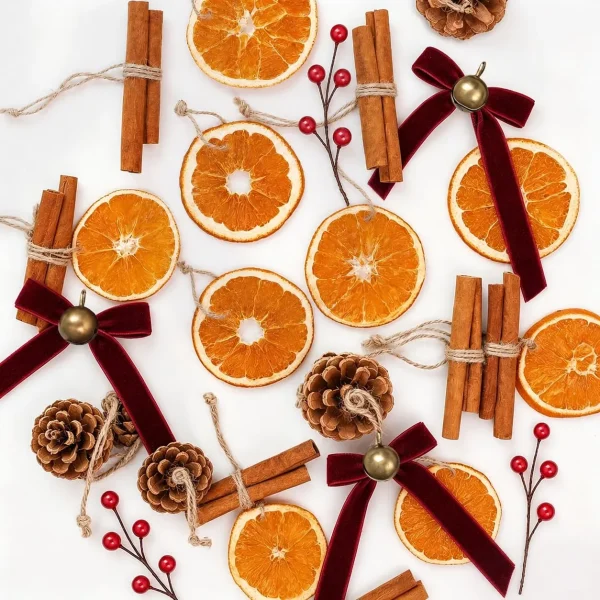 Allyix 48-piece natural Christmas ornament set – dried orange slices, cinnamon stick bundles, pinecones, red berry picks and burgundy velvet bows with bells on jute twine