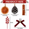 Product size chart – orange slices 1.6 to 2.4 inches, pinecones 1.2 to 2.0 inches, cinnamon bundles 3.2 inches, berry picks 5.9 inches, bows 3.1 to 3.9 inches with a 0.6 inch bell