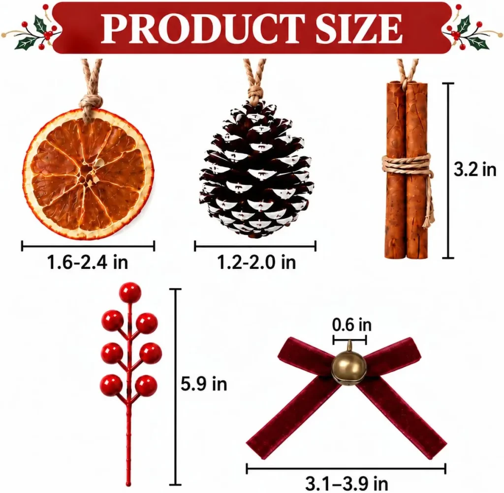 Product size chart – orange slices 1.6 to 2.4 inches, pinecones 1.2 to 2.0 inches, cinnamon bundles 3.2 inches, berry picks 5.9 inches, bows 3.1 to 3.9 inches with a 0.6 inch bell