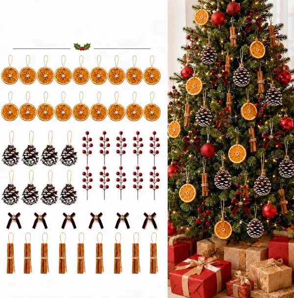 The full 48-piece set laid out in rows – 18 orange slices, 10 pinecones, 6 berry picks, 6 velvet bows with bells and 8 cinnamon bundles – next to a decorated tree