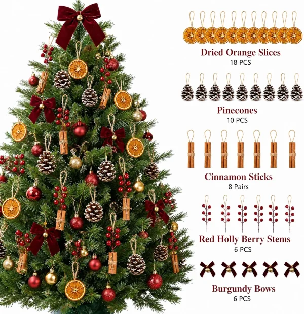 Close-up of the decorated tree with counts – dried orange slices 18, pinecones 10, cinnamon sticks 8 pairs, red holly berry stems 6, burgundy bows 6