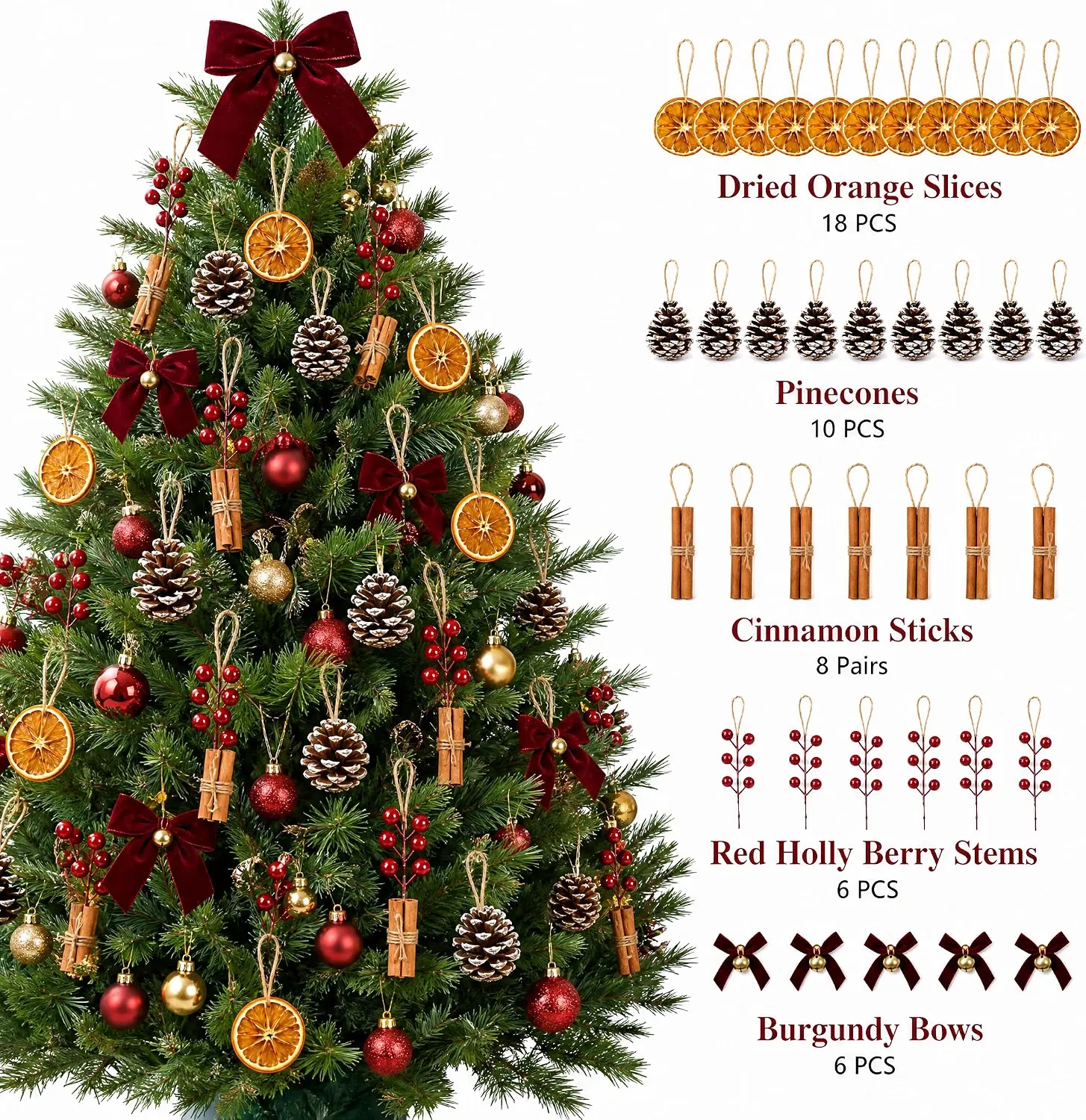 Close-up of the decorated tree with counts – dried orange slices 18, pinecones 10, cinnamon sticks 8 pairs, red holly berry stems 6, burgundy bows 6