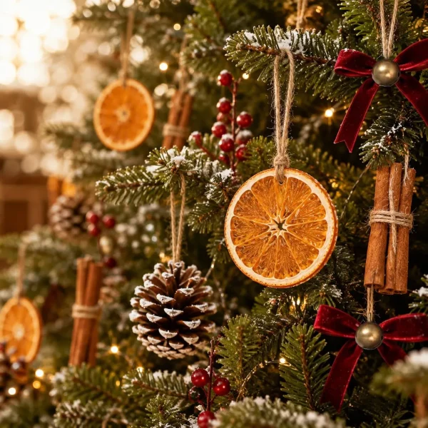Close-up of the ornaments on a lit tree – orange slice, cinnamon bundle, pinecone, red berries and a velvet bow with bell hanging from jute twine