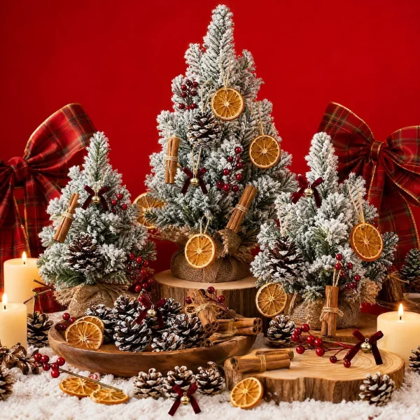 Tabletop display – flocked mini trees dressed with orange slices, cinnamon bundles, pinecones, berries and bows, with candles and a wooden bowl on a red backdrop