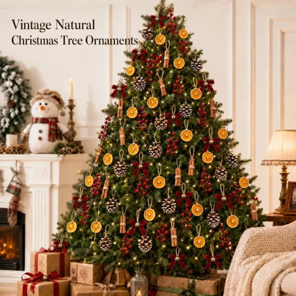 Vintage natural Christmas tree ornaments – a full tree by a fireplace dressed with orange slices, cinnamon, pinecones, red berries and velvet bows