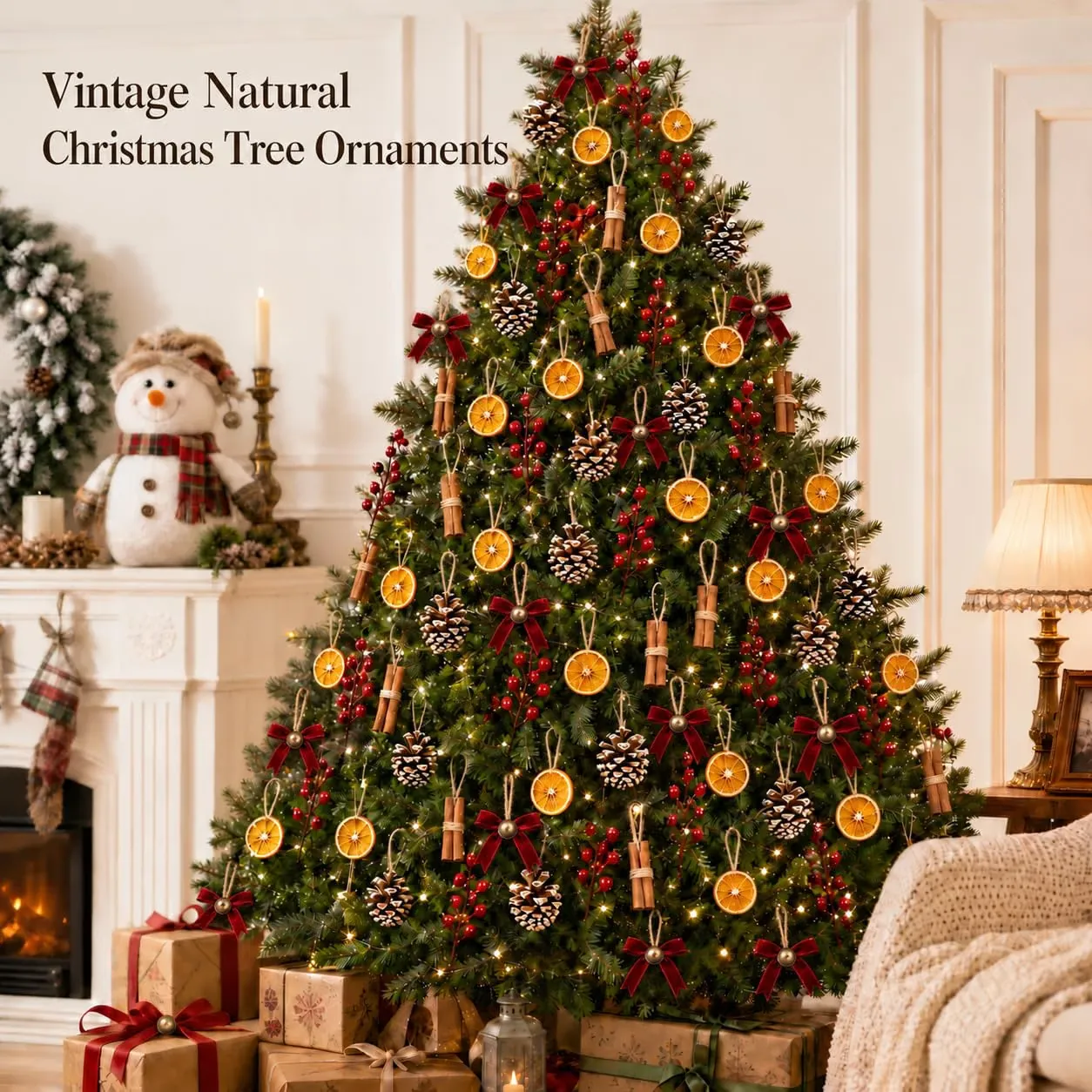 Vintage natural Christmas tree ornaments – a full tree by a fireplace dressed with orange slices, cinnamon, pinecones, red berries and velvet bows