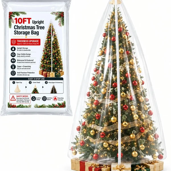 Allyix 10 ft upright Christmas tree storage bag – clear PE cover zipped over a fully decorated artificial tree, with the folded cover in its printed pouch