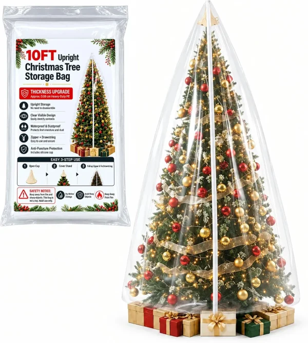 Allyix 10 ft upright Christmas tree storage bag – clear PE cover zipped over a fully decorated artificial tree, with the folded cover in its printed pouch