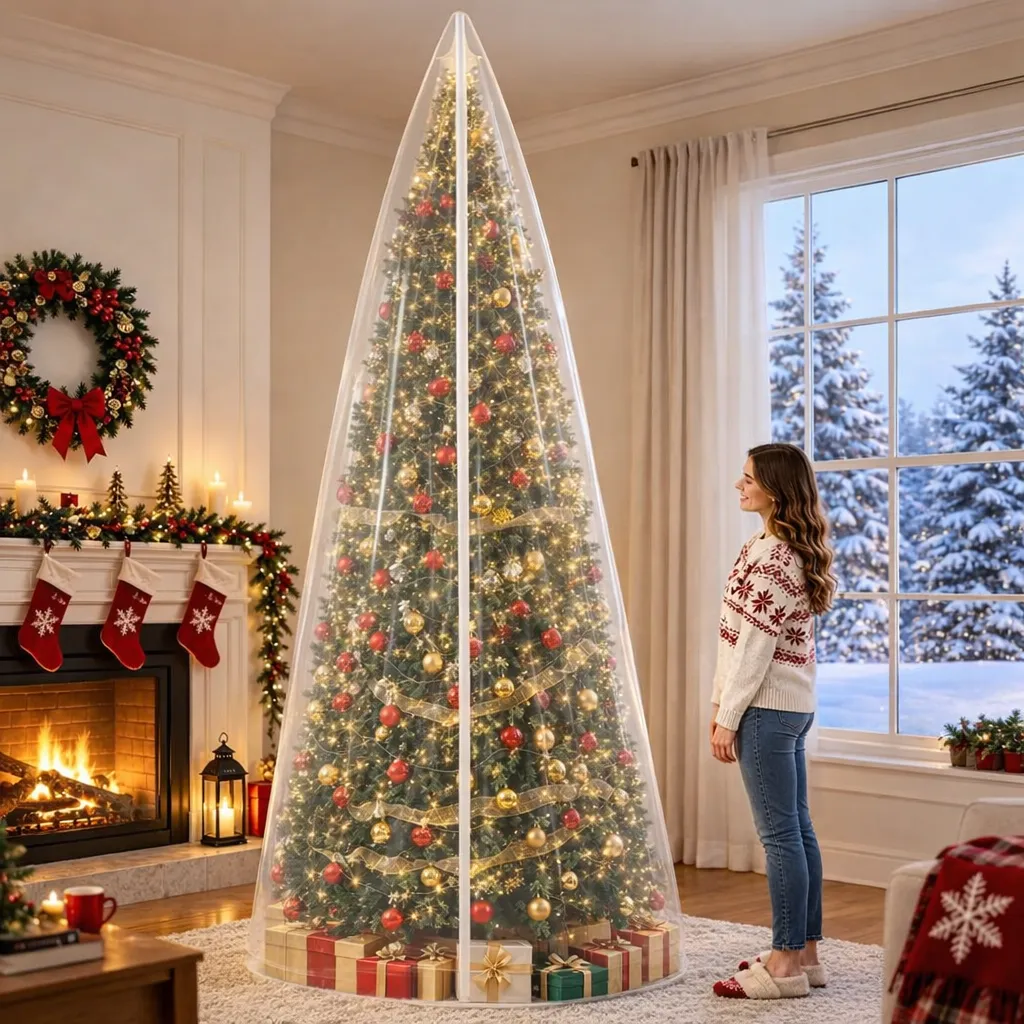 Scale reference – a woman standing beside a 10 ft decorated artificial tree zipped inside the clear upright storage cover