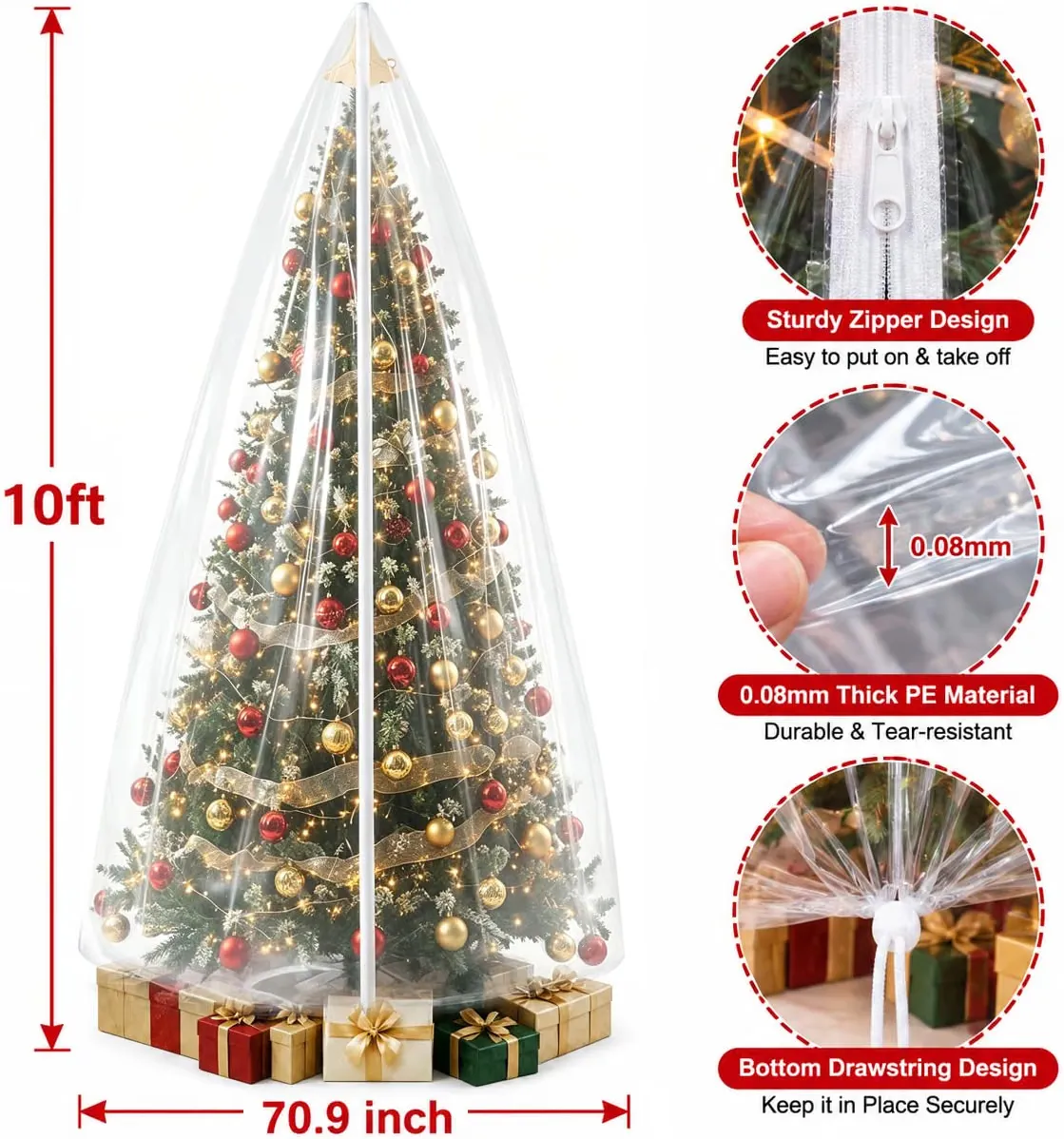 Size chart – the clear tree cover is 10 ft tall and 70.9 inches wide at the base when laid flat