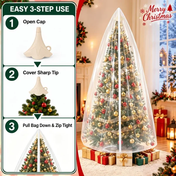 Detail callouts – sturdy zipper, 0.08 mm thick PE material, bottom drawstring, and the easy 3-step use: open cap, cover sharp tip, pull bag down and zip